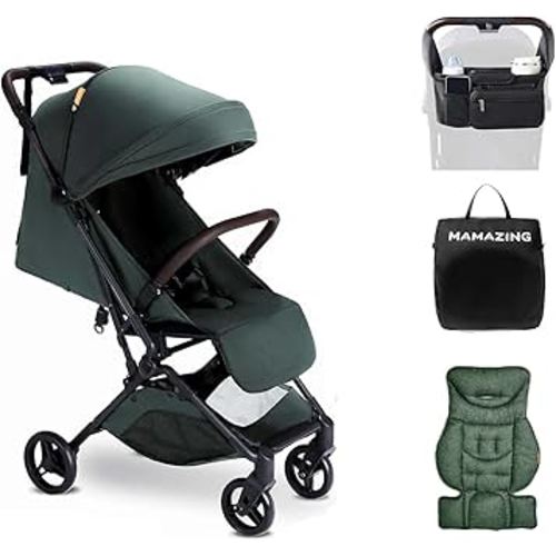 MAMAZING Lightweight Baby Travel Stroller with Carbon Fiber Frame, Compact & Airplane-Friendly, One-Handed Folding Design, 11.6 lbs, Perfect for Toddlers, Organizer & Cushion Included, Green