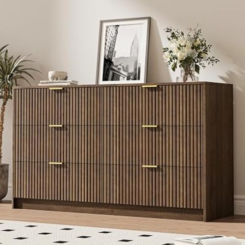 MAISONARIA 6 Drawer Dresser for Bedroom, 55" Wide Modern Chest of Drawers with Gold Metal Handles, Fluted Wood TV Stand for Living Room, Hallway, Walnut