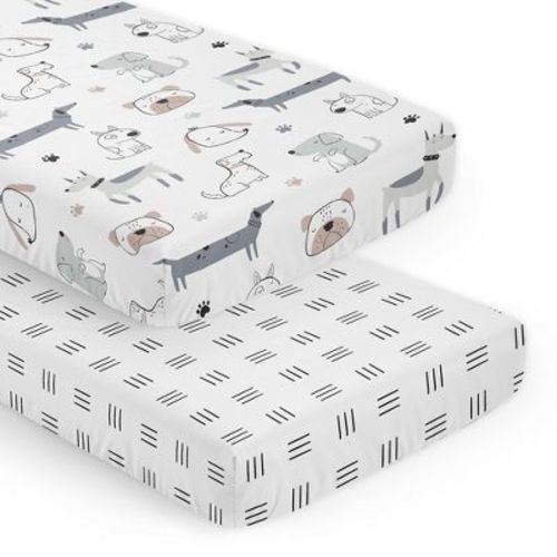 Sweet Jojo Designs Boy, Girl, Unisex/gender Neutral Fitted Crib Sheets Set Cartoon Puppy Grey Taupe And Blue 2pc