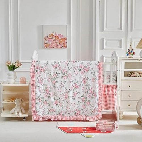 Floral Crib Bedding Set Ruffle Quilted White Pink Flowers Comforter with Fitted Sheet and Bed Skirt for Baby Girls - Cute Ruffled Shabby Chic Bed Set Cute Flower Design with Leaves
