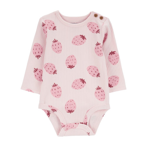 Pink Baby Strawberry Ribbed Long-Sleeve Bodysuit