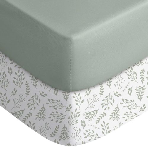 Yoofoss Pack and Play Sheets Fitted, Mini Crib Sheets 2-Pack for Pack N Play Mattress, Stretchy Playard Sheet, Soft and Breathable Green + Leaf