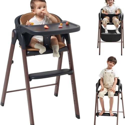 KUB High Chair for Babies and Toddlers Adjustable Foldable Convertible 5 Point Harness Easy Clean Wood-Printed Metal with Removable Tray Baby Highchair for Family (Black&Walnut Wood-Printed Metal)