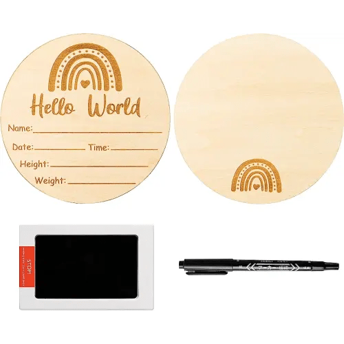 R HORSE Baby Birth Announcement Sign with Marker Pen, Boho Rainbow Baby Name Sign with Ink Pad for Hand and Footprints, Wooden Hello World Newborn Announcement Nursery Decor Keepsake Gifts