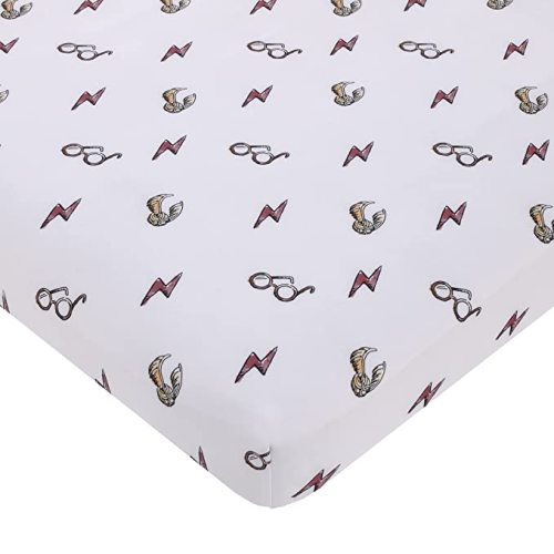 NoJo Warner Brothers Harry Potter White, Red, and Gold Lightning Bolt, Golden Snitch and Glasses Nursery Fitted Mini Crib Sheet