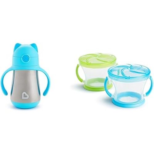 Munchkin® Cool CatTM 8oz Stainless Steel Straw Cup and Snack Catcher® 2 Count Blue/Green Toddler Cups