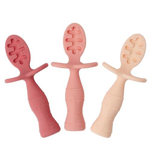 Upward Baby Spoons Self Feeding 6+ Months - 3 Pack, Chewable Toddler Utensils with Anti Choke Barrier, Baby Feeding Essentials, Baby Spoons 4 months, Silicone Baby Spoons, Pink