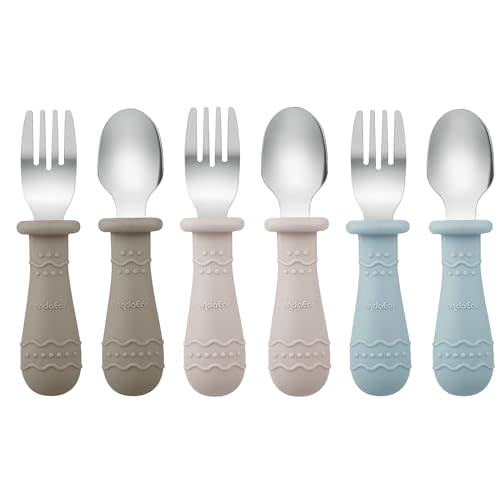 PandaEar Toddler Utensils, 6 Pack Kids Spoons and Forks, 18/8 Stainless Steel & Food Grade Silicone Children Silverware Set, Dishwasher Safe (Light Tan/Walnut/Blue)