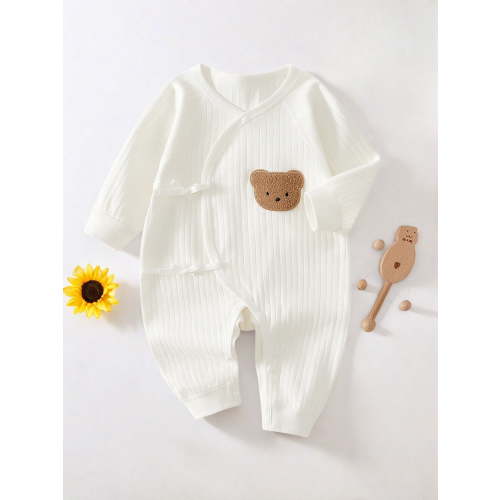 Somenie Newborn Baby Cotton Onesie, Cute Bear Patched Casual Long Sleeve Bodysuit, Toddler & Infant Girl's Comfortable Clothing(White)