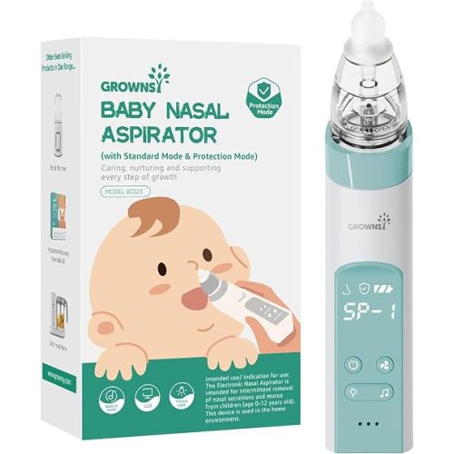 GROWNSY Nasal Aspirator for Baby with Protection Mode, Electric Nose Suction for Baby, Automatic Baby Nose Sucker with 3 Silicone Tips, Adjustable Suction Level, Music and Light Soothing Function
