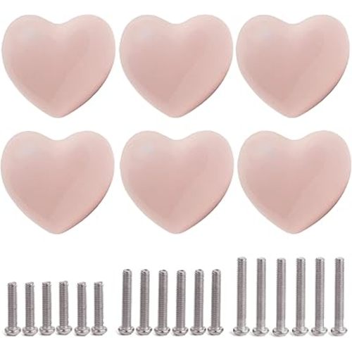 Ceramic Drawer Knobs Heart Shape Cabinet Dresser Pulls Handles with 3 Sized Screws, Kitchen Furniture Knobs for Closet Cupboard Wardrobe (6, Powder Pink)