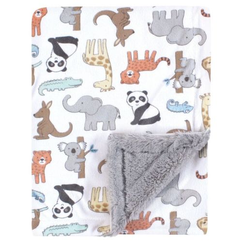 Hudson Baby Plush Blanket with Furry Binding and Back, Zoo Animals, One Size