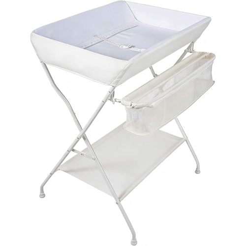 HONEY JOY Changing Table, Folding Nursery Organizer with Open Shelf & Safety Belt, Portable Diaper Changing Station for Newborn (Beige, Basic)