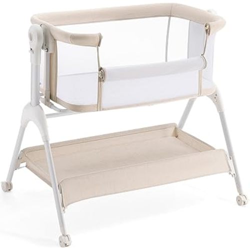 HARPPA Cuddly Baby Bassinet, 3 in 1 Rocking Bassinet with Mattress and Sheet, Full Mesh Sides, Adjustable Bedside Sleeper with Wheels for Newborns, Beige