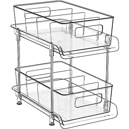 HIHEGD 2 Tier Bathroom Storage Organizer with Dividers, Clear Under Sink Organizers and Storage Pull Out Cabinet Organizer for Bathroom Kitchen Pantry Storage, Medicine Cabinet Organizer