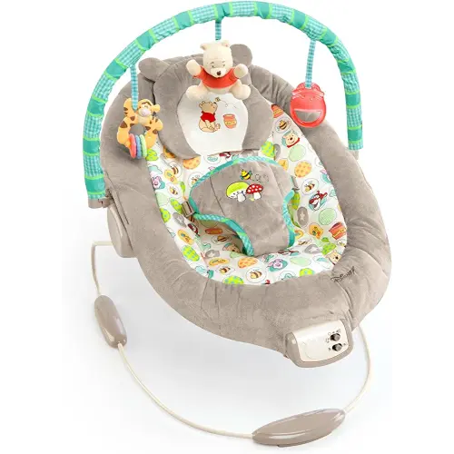 Bright Starts Winnie the Pooh Dots & Hunny Pots Baby Bouncer with Vibrating Infant Seat, Music & 3 Playtime Toys, 23x19x23 Inch