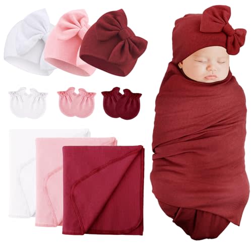 DRESHOW BQUBO Newborn Receiving Blanket Bow Hat Gloves Set Cotton Warm Baby Swaddle Blanket Wrap Baby Sleep Sack Shower Gift