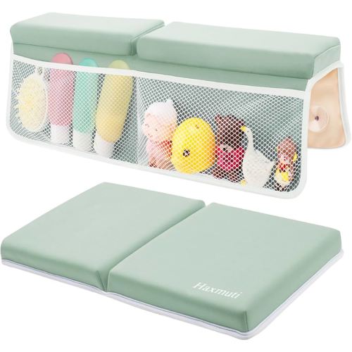 Bath Kneeler and Elbow Rest Pad Set, Thick and Quick Dry Kneeling Pad Support for Knee and Arm, Extra Large Baby Bath Kneeler Pads Bathtub Mat with Toys Organizer for Baby Bath Time, Grey Green