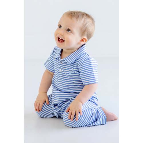 12-18 months - Sir Proper's Romper - Barbados Blue Stripe with Buckhead Blue Stork