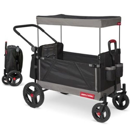Radio Flyer Collapsible Folding Push And Pull Kid & Cargo Stroller Kids Wagon With Protective Canopy Cover And Travel Case For Ages 1 And Up, Black