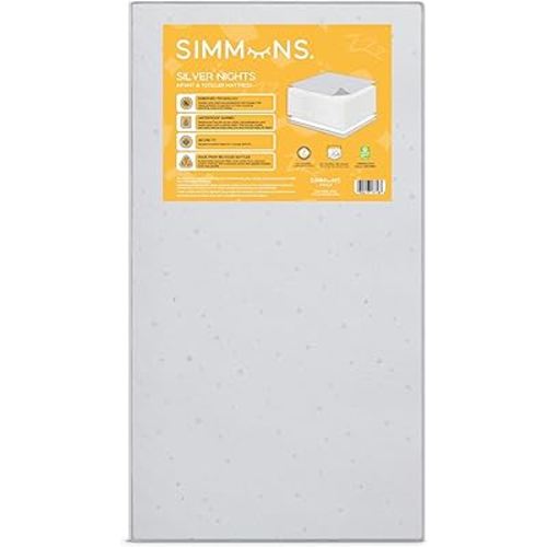 Simmons Kids Silver Nights Dual Sided 2-Stage Baby Crib Mattress and Toddler Mattress - GREENGUARD Gold – Waterproof - Sustainably Sourced Core Fiber Core, Grey