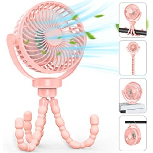 Portable Rechargeable Battery Fan with LED Lights, Stroller Fan with Tripod Clip for Baby, Portable Rechargeable Personal Fan for Stroller, Car Seat, Treadmill, Camping (Pink)