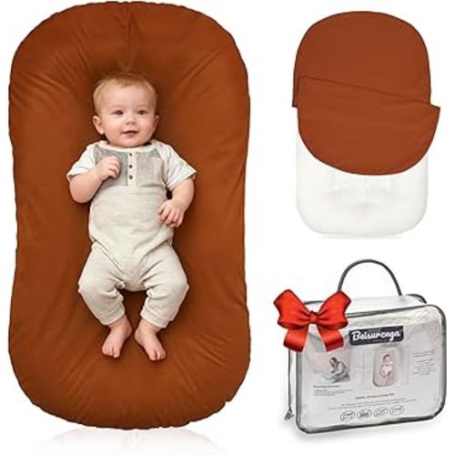 Baby Lounger for Newborn - Snuggle Cozy Me Lounger | Breathable Soft Cotton, 0-24 Months Portable Playtime Baby Nest, Newborn Baby Essentials Gifts- Orange (1 Lounger + 1 Cover)