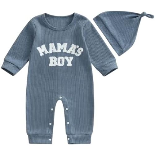NZNDSHD Baby Boy Romper Fall Clothes Long Sleeve Waffle Knit Jumpsuit Mamas Boy Little Dude Embroidered Bodysuit with Hat