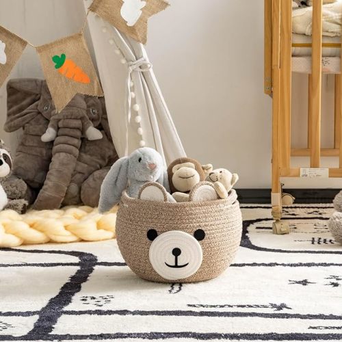 CherryNow Baby Basket for Nursery, Bear Gift Baskets for Kids, Baby Shower Basket with Handles, Small Cute Animal Baskets, Light Brown, 10.5"D x 8.5"H