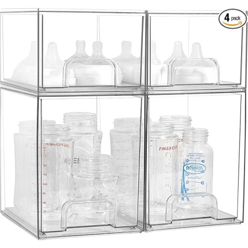 Baby Bottle Organizer, 4 Pack Clear Space-Saving Stackable Drawer with Handle, Baby Bottle Storage Organizer for Countertop and Cabinet