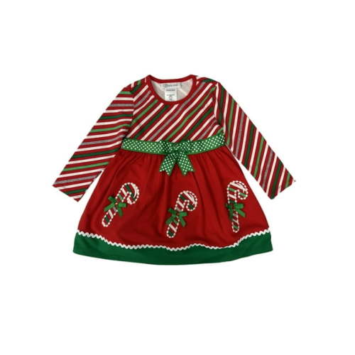 Infant& Toddler Girls Red & Green Long Sleeve Candy Cane Christmas Dress 18m