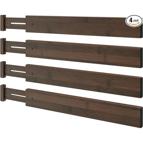 BAMEOS Drawer Divider,Expandable Bamboo Separators Adjustable Utensil Knife Fork Tool Kitchen Organizer, Clothes Fabric Drawer Organizer In Bathroom Bedroom Office, Cabinet Dresser Organizer 4-pack