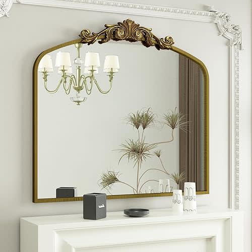 SMIROR Arched Gold Antique Mirror 36Wx 30L, Arch Vintage Mirror Over Fireplace, Metal Framed Baroque Mirror for Bathroom Vanity Mantel