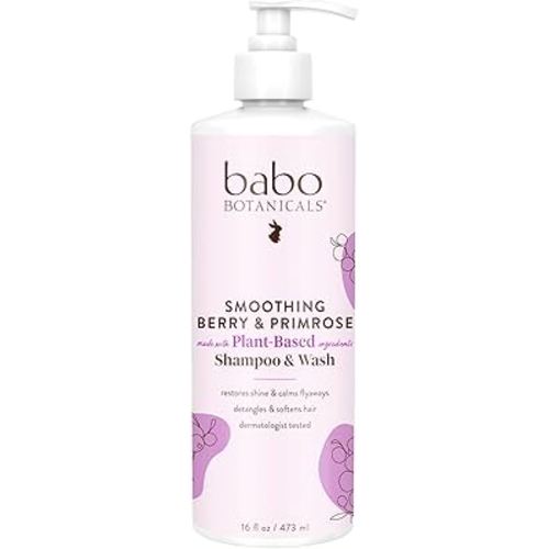 Babo Botanicals Smoothing Berry 2-in-1 Shampoo & Wash - Detangling & Nourishing - Eliminates Frizz & Prevents Static - Evening Primrose Oil - For all ages - Light Berry Fragrance- Vegan