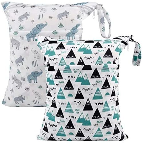 ALVABABY 2pcs Cloth Diaper Wet Dry Bags Waterproof Reusable with Two Zippered Pockets Travel Beach Pool Daycare Soiled Baby Items Yoga Gym Bag for Swimsuits or Wet Clothes LZD2526A