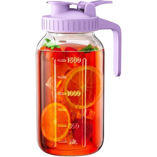 64 oz Glass Pitcher with Lid, Large Wide Mouth Mason Jar with Pour Spout, Purple Sun Tea Glass Jar for Outside, Juice Pitcher Great for Drink, Cold Beverages and Breast Milk