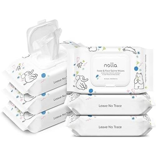Nolla Baby Nose and Face Wipes with Saline, Vitamin E, & Aloe | Unscented | Compostable, 180 Count (6 Packs of 30)