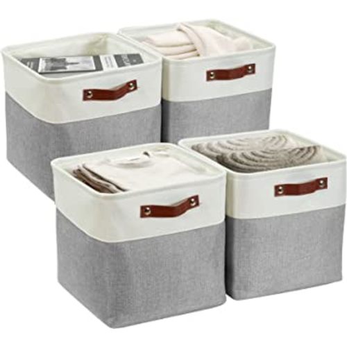 DECOMOMO Cube Storage Organizer Bins 11 inch Cube Storage Bin 4 Pack Cubby Storage Bins Storage Baskets for Organizing Shelf Closet Nursery Toys Cloth Bathroom (Grey&White)