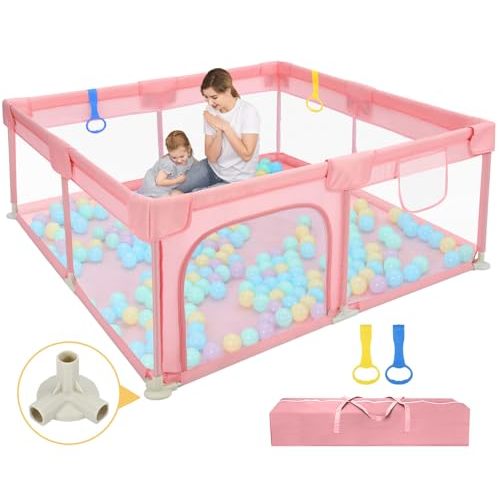 Dripex Baby Playpen, 52"×52" Play Pens for Babies and Toddlers, Safe Anti-Fall Play Yard with Gates, Baby Fence with Breathable Mesh, Indoor & Outdoor Kids Activity Center, Princess Pink
