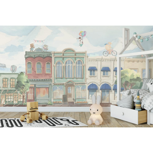 Wildon Home® Sincere Cartoon Animals Village Drawing Watercolor City Wall Mural | Wayfair