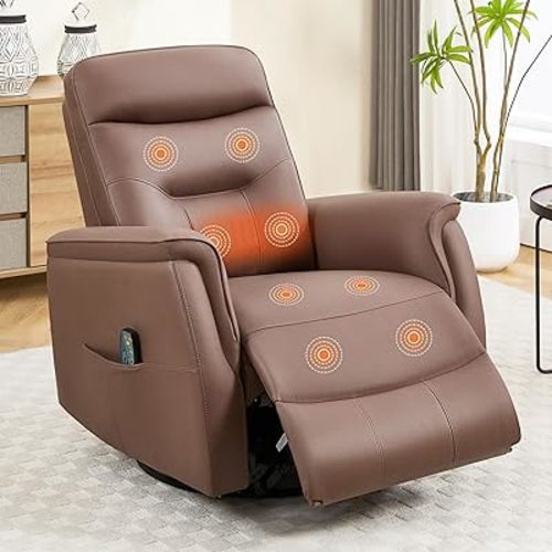 Massage Rocker Recliner Chair, Oversized Manual Glider Rocking Recliner Chairs, Reclining Chair with Massage and Heat, Faux Leather Nursery Recliner for Living Room, Coffe