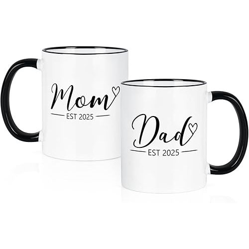 Cabtnca New Parents Gifts for Couples, Pregnancy Announcement Gifts, Mom And Dad Mugs Est 2025, 11 Oz