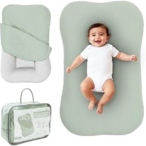 Aila + Aiden Baby Lounger | Organic Cotton Infant Lounger | Adjustable & Portable Floor Lounger | Supervised Use | Soft, Breathable, Washable Cover - Snuggle Collection - (Sage)