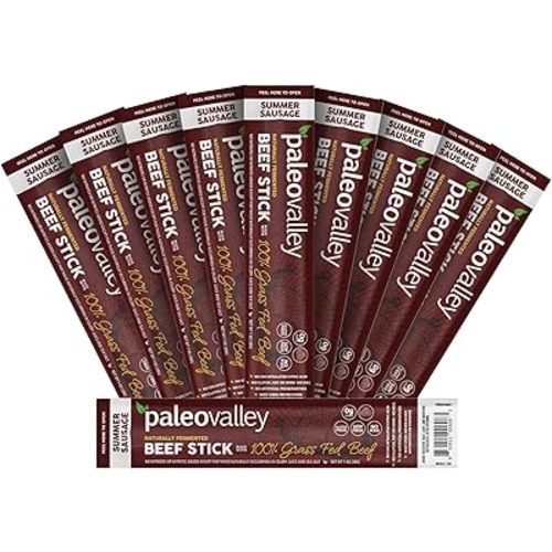 Paleovalley 100% Grass Fed Summer Sausage Beef Sticks - Delicious Gluten Free Beef Snack - High Protein Keto Friendly