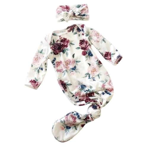 Maroon floral knot gown, baby knot gown, knotted gown, knotgown, baby clothes