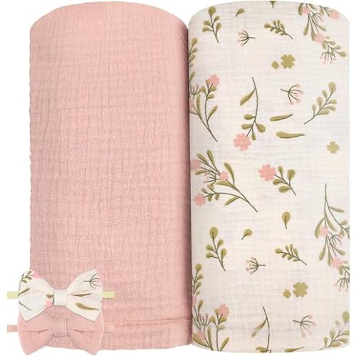 2 Pack Muslin Swaddle Blankets and Headbands for Baby Boys Girls Receiving Blanket for Newborn 47 x 47 inches Soft Breathable Swaddle Blanket Wrap