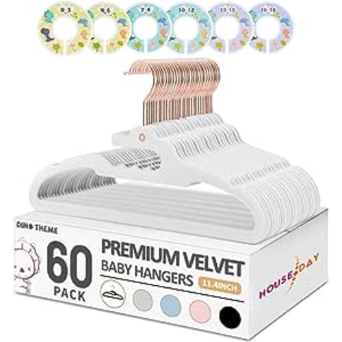 HOUSE DAY Premium Baby Hangers Velvet 60 Pack, Dino 11.4'' Baby Clothes Hangers for Kids +6 Pcs Dividers, Sturdy Children Felt Non Slip Hanger for Nursery on Baby Boys & Girls Closet Organizer - White