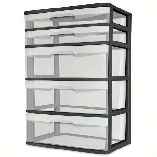 Drawer Storage Cabinet Plastic 5 Drawer Wide Tower Black