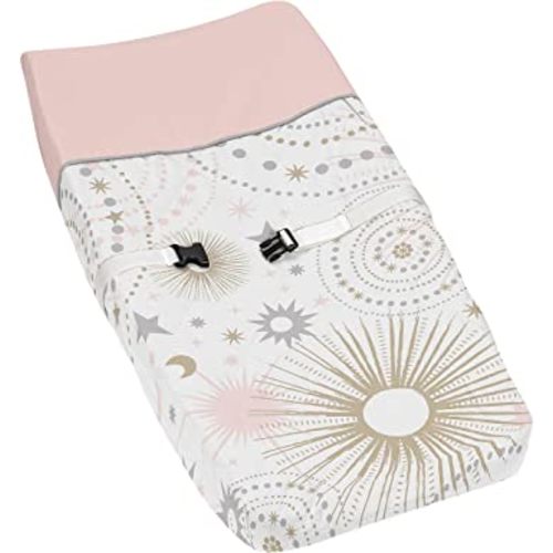 Sweet Jojo Designs Star and Moon Girl Baby Changing Pad Cover – Infant Newborn Diaper Table Change Mat Sheet - Blush Pink Gold and Grey Celestial Sky Stars Shabby Chic
