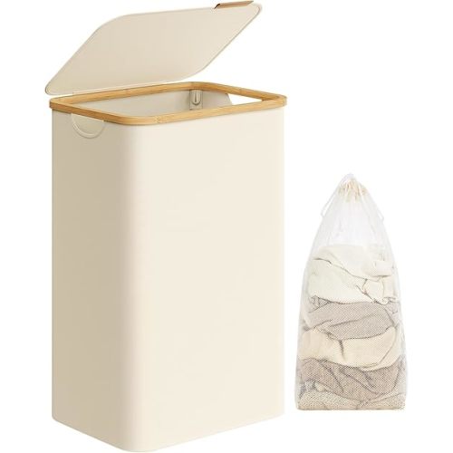 SONGMICS Laundry Hamper with Lid, Large Laundry Basket, 23.8 Gallons (90L), Removable Mesh Liner, Bamboo Handles, Collapsible, 16.5 x 12.6 x 27.8 Inches, Cream White ULCB509W01
